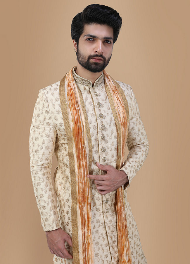 alt message - Manyavar Men Suave Beige Sherwani Set image number 0